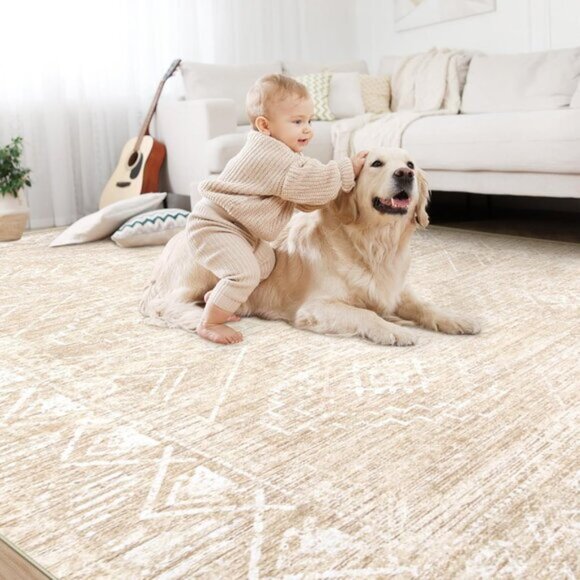 New 4x6 Beige Moroccan Area Rug, Washable Non-Slip Carpet for Entry & Room Decor - Picture 5 of 9